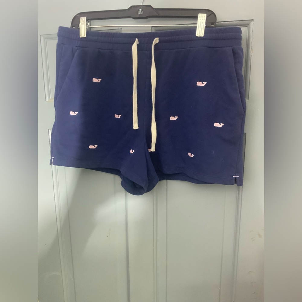 Vineyard Vines Navy Blue Athletic Shorts with Pink Whale Embroidery
